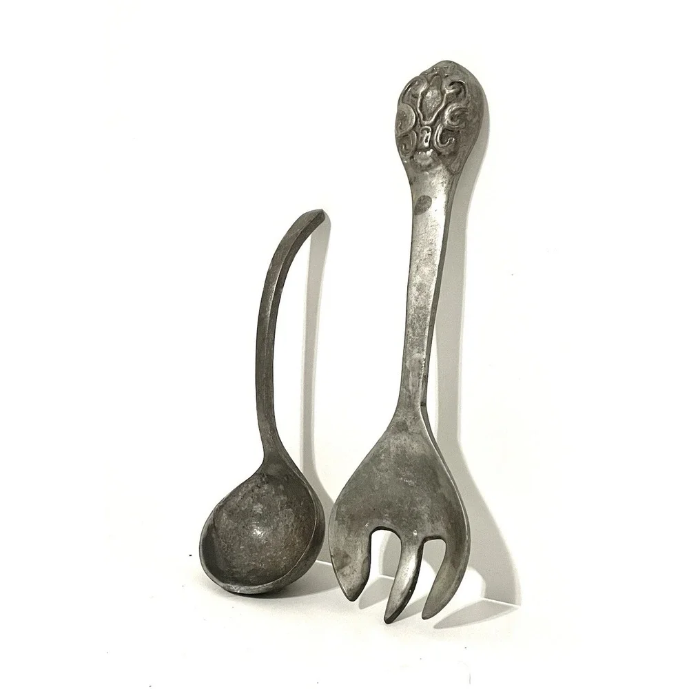 Vintage Aluminum‎ Silver Salad Serving Fork & Spoon Set Oversized